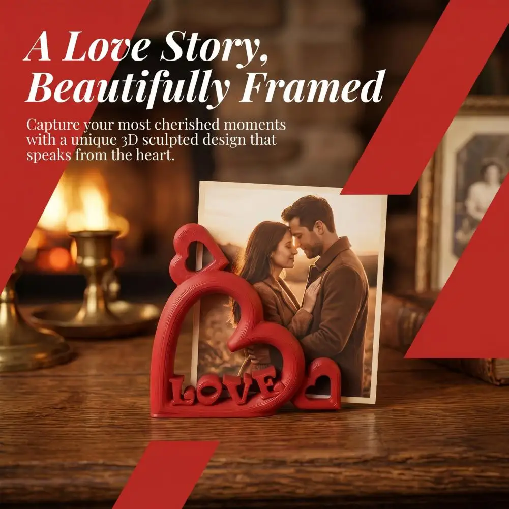 Heart Shaped Photo Holder Love Letter Sculpture Decor Heart Photo Stand with Embossed Love Letters 3d Printed Vertical Slot
