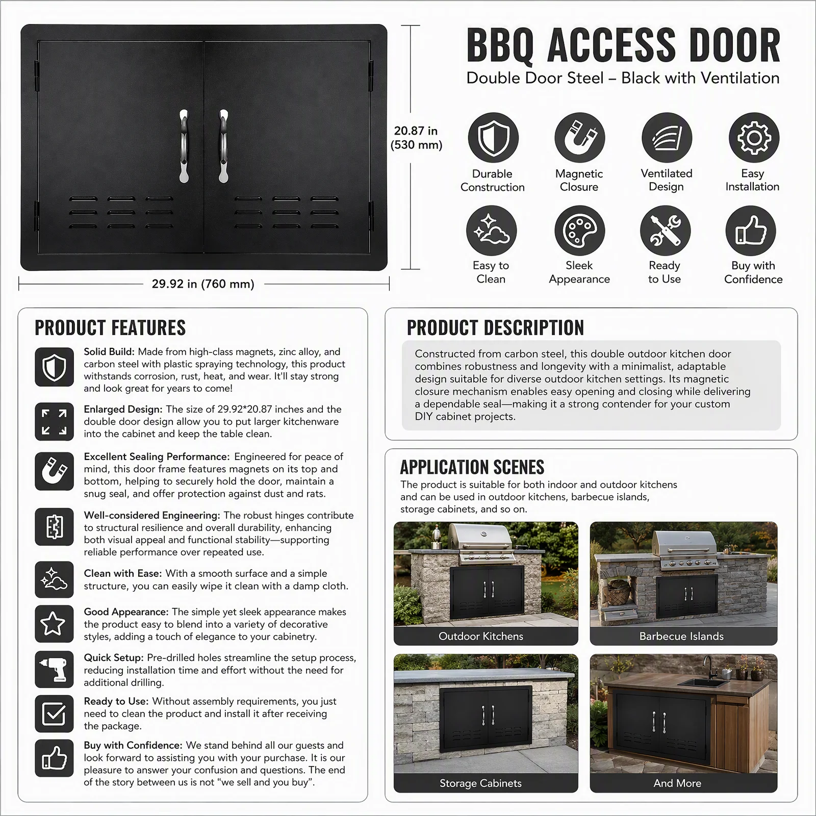 BBQ Access Door 29.92x20.87in Double Outdoor Kitchen Door, Carbon Steel Magnetic Closure Cabinet Door with Air Vents, Rustproof for BBQ Island Storage