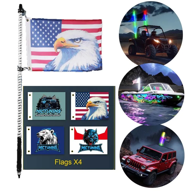 MICTUNING 3FT 360° Spiral LED Whip Lights, RGB+IC Dream Flow Chasing Colors with APP+Remote Control, Rocker Switch & Flags