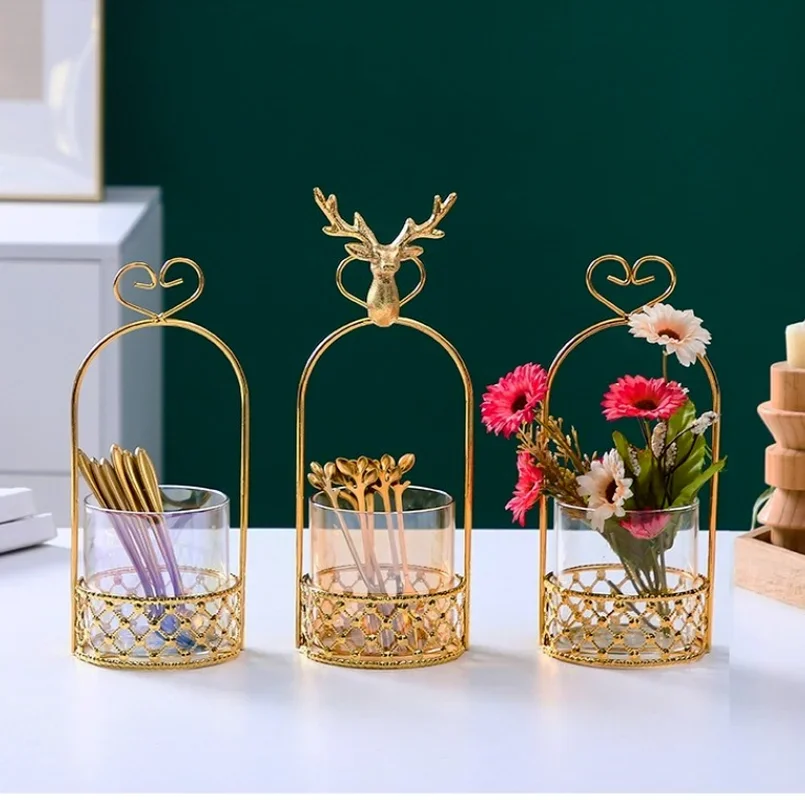 European Style Colorful Glass Storage Jar Tableware Basket Household Knife, Fork and Spoon Set Metal Ornaments