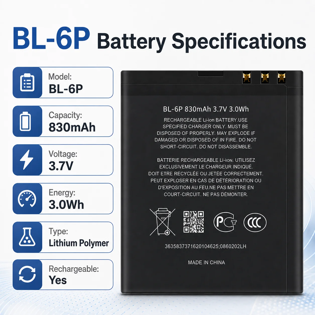 BL-6P 830mAh Battery 3.7V Li-Polymer Rechargeable Replacement Battery for Nokia 6500 Classic 6500 Slide 7900 Prism Phone