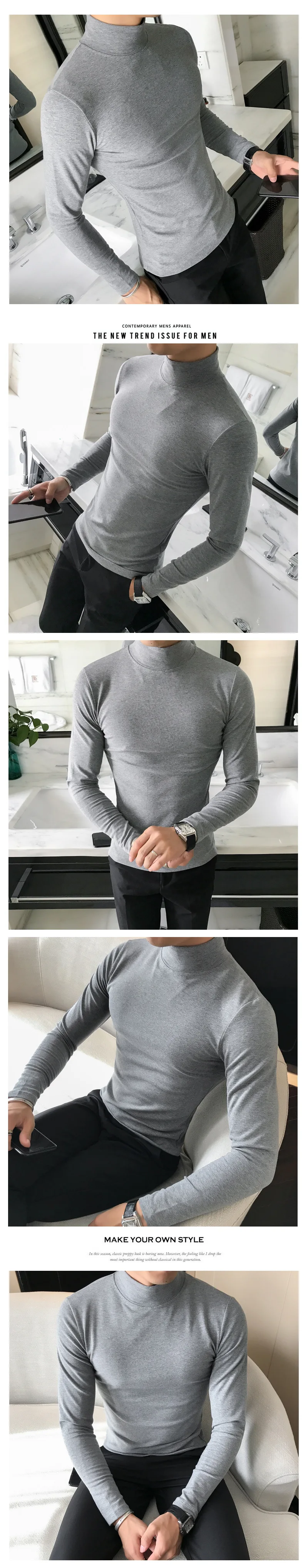 Frühling Neue männer Rollkragen T-shirt Langarm Slim Fit Einfarbig Hohe Elastische Bodenbildung Pullover Grundlegende Stil Männliche Tops – Detail 6
