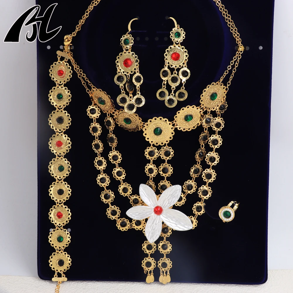 Gorgeous Middle Eastern style flower shape ancient coin jewelry set 4-piece colorful stone embellished long fringe style