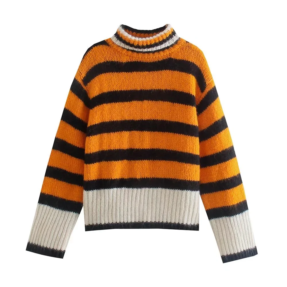 TRAFZA Fashion 2024 Autumn Striped Patch Orange Pullover Turtleneck Oversized Streetwear Women Sweater Winter Casual Knitwear