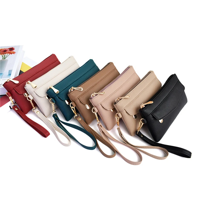 Women's Wallet Portable Zip Mobile Phone Pouch Soft PU Hand Strap Section Credit Card Wallet Simple Clutch Bag Commuter