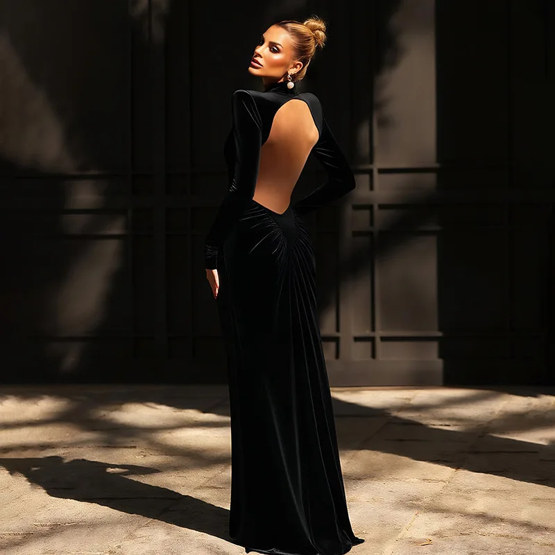 New Women's Black High Neck Maxi Dress Long Sleeve Cutout Ruched Evening Gown