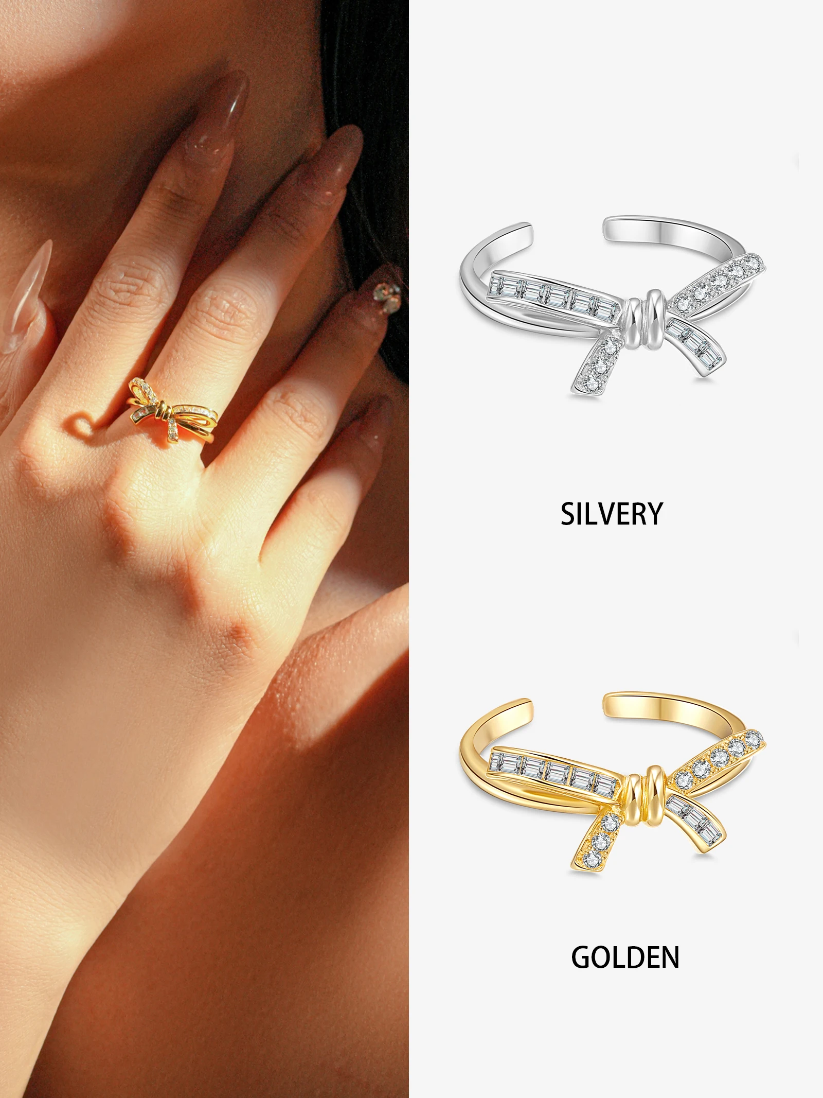 

ANDYWEN 925 Silver Open Bow Ring, Multi-Cut CZ Jewelry, Adjustable Gift for Women, Gift Box Included, Sweet Everyday Wear