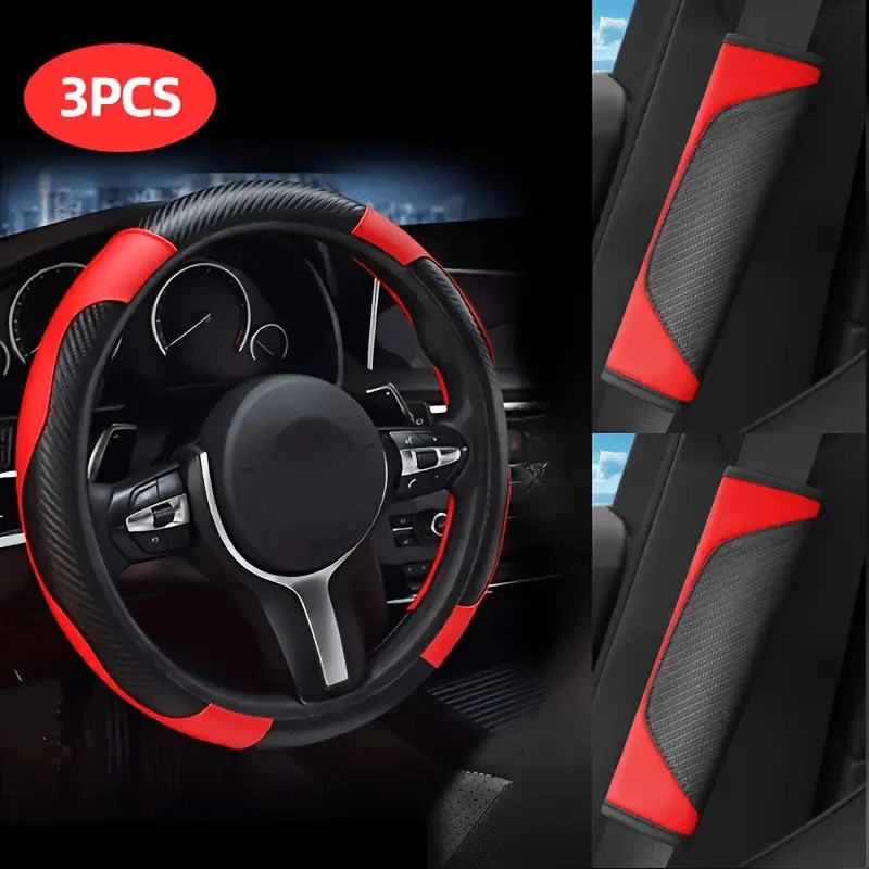 3 Piece Set, Car Interior Set, PU Leather Car Steering Wheel Cover Carbon Fiber Steering Wheel Cover and Shoulder Pad Set