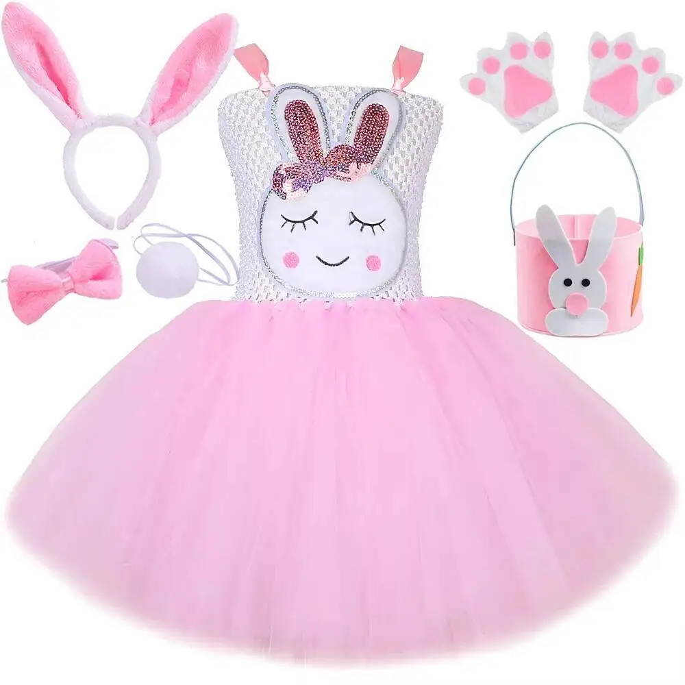 Baby Girls Easter Bunny Tutu Dress Cute Pink Rabbit Costumes with Ears Bowtie Tail for Kids Easter Holiday Party Disguise Outfit