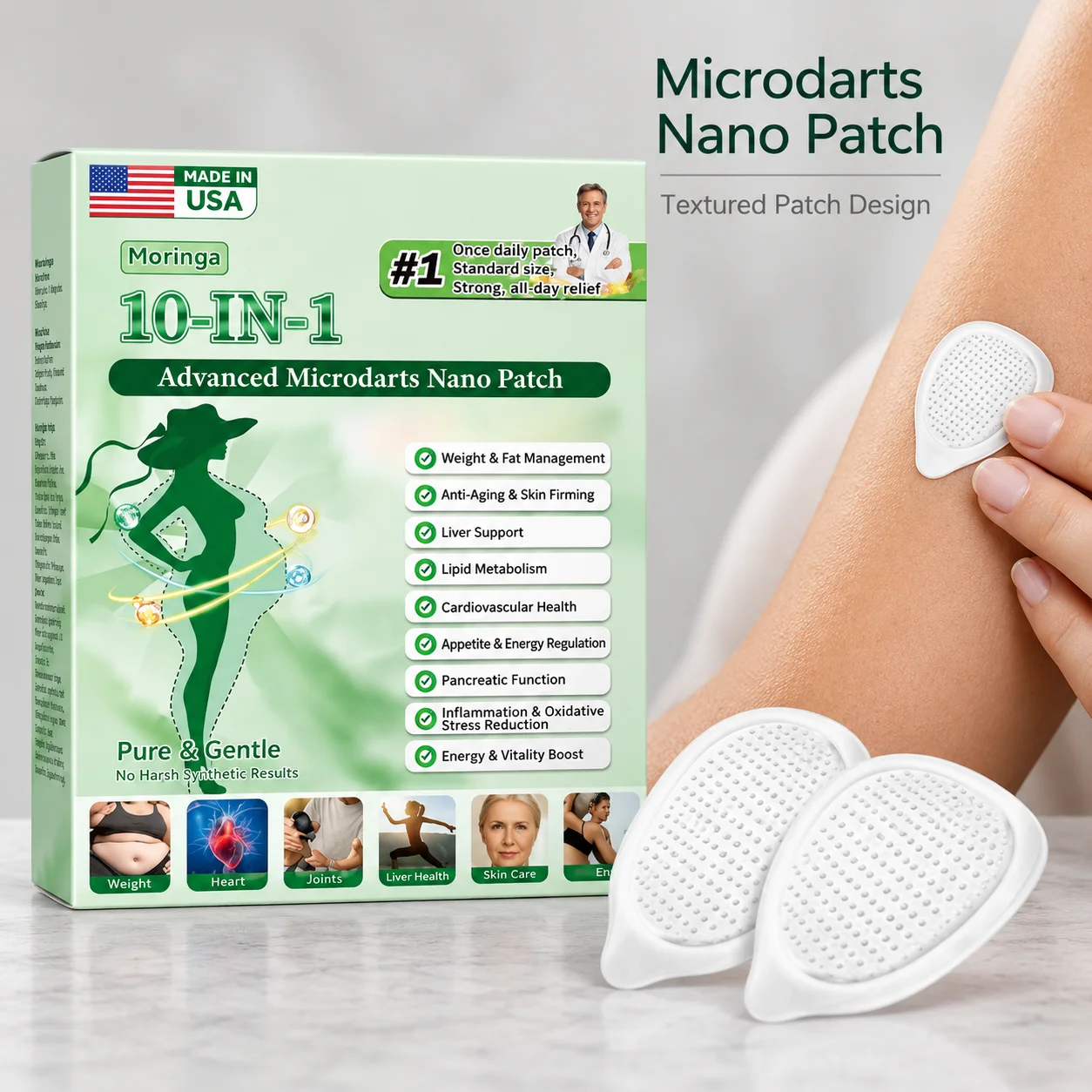 Nano Microneedle Patch Set In A Seven Piece Box With Moringa And NAD Plus Featuring White Triangular Patches With Rounded Edges