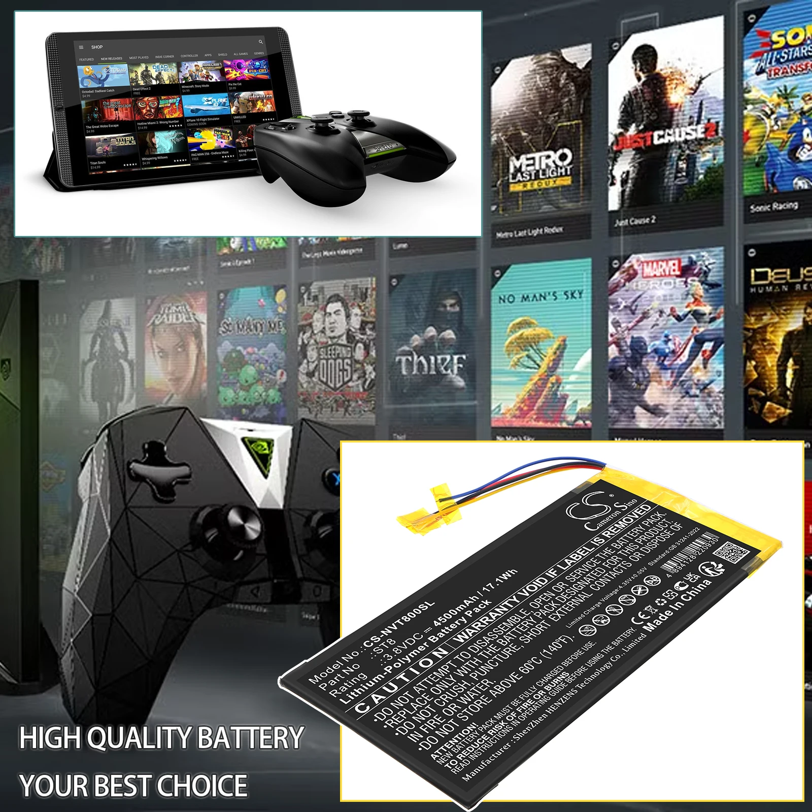 Сменная батарея CS для Nvidia Shield K1, Shield P1761W, PN:ST8, 4500 мАч / 17,1 Вт·ч