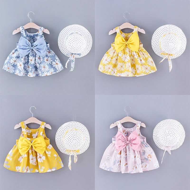 2Pcs/Set Girls' X Summer Daisy Dress Sweet Bow Baby Beach Dress 0-3 Years Old Newborn Dress+Hat