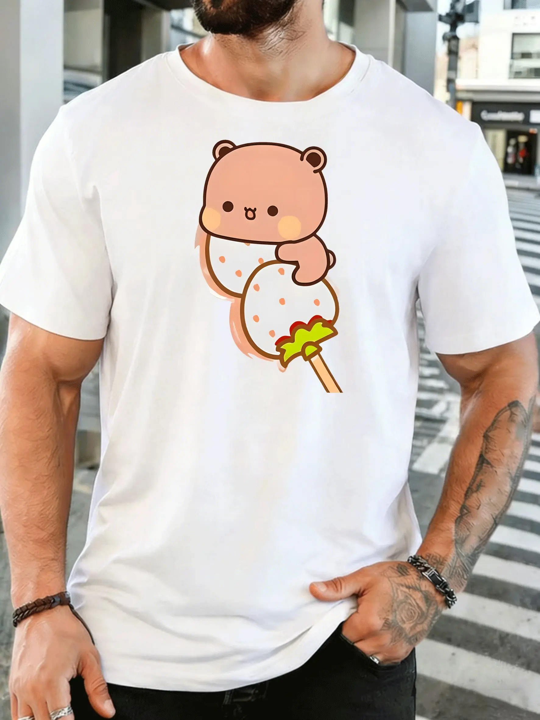 Men Short Sleeve T Shirt Cute Bear Strawberry Graphic Tee Sweet Cartoon Print Tops Soft Cotton Casual Street Wear For Adult Male