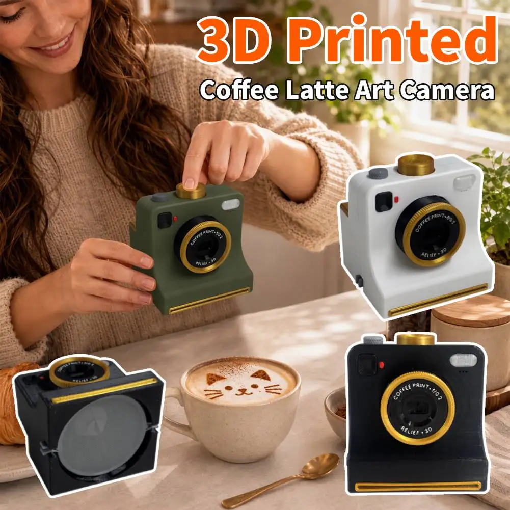 3D Printed Latte Art Camera One‑Touch Coffee Printer with 8 Stencil Card Miniature Instant Camera Coffee Stencils Latte Art Tool