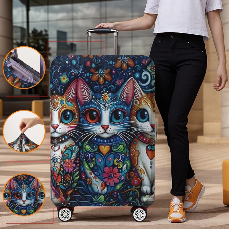 Day of the Dead Cat Flower Pattern Luggage Protective Cover, Suitable for 18-32 inch Luggage Covers, Handle Gloves, Travel
