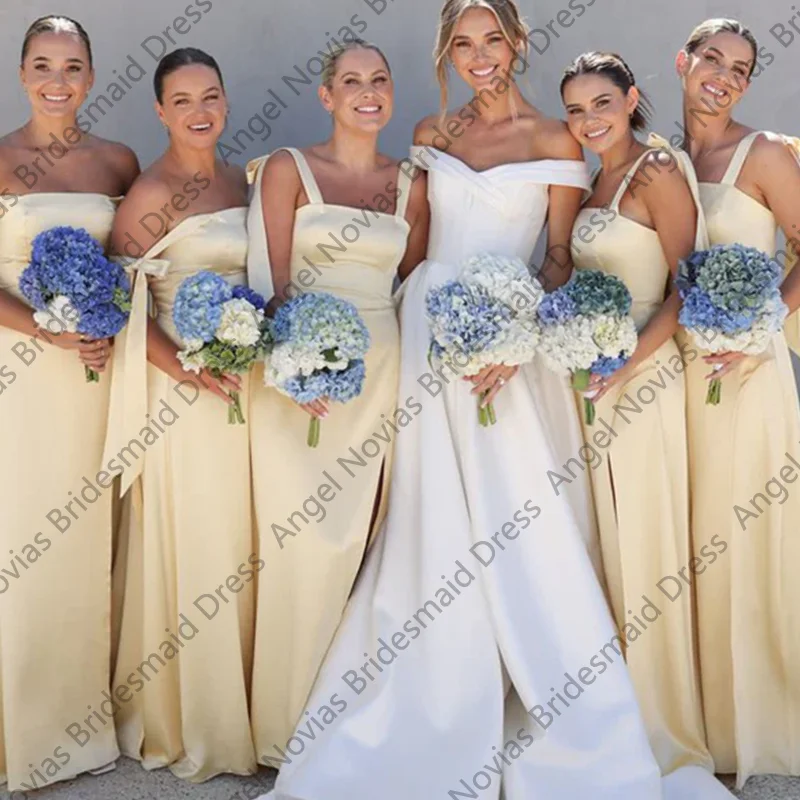 

Customized Long Light Yellow Chiffon Bridesmaid Dresses with Split Wedding Party Maid Of Honor Dress robes invitée mariage