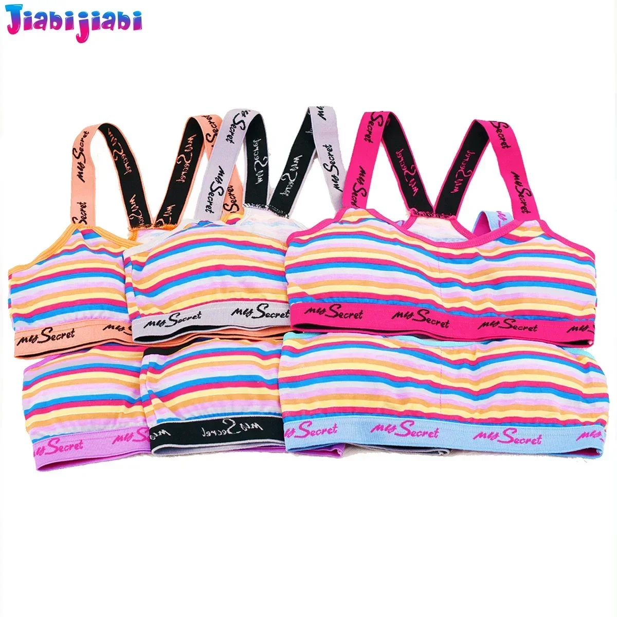 3PC Girls Training Bra - Cute Striped Sport Bra for Kids, Removable Foam Padding, Affordable Youth Underwear for Students 10-15T