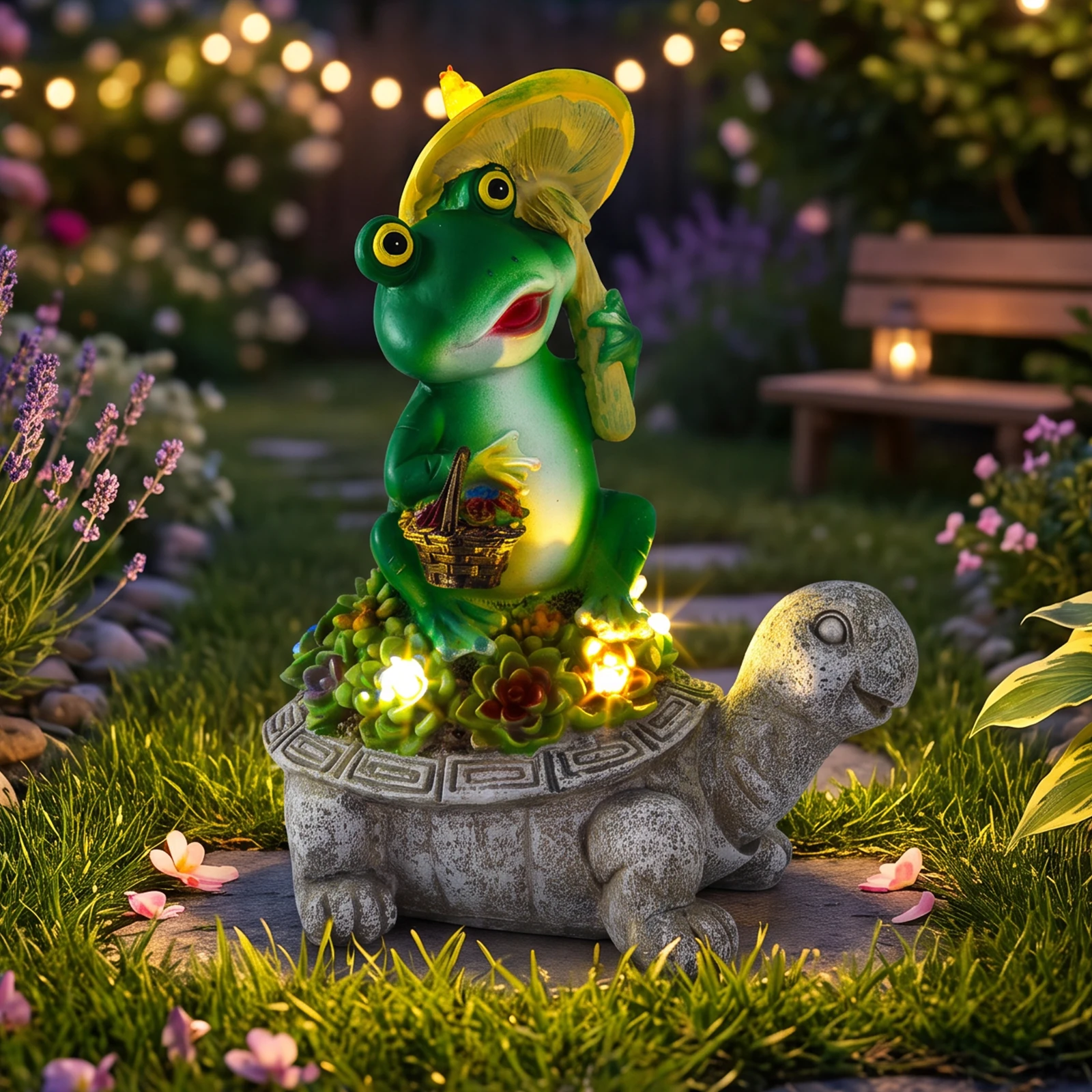 Solar Frog Turtle Statue Decor Weather Resistant Resin Solar Powered Frog Turtle Figurine with LED Light for Yard Outdoor Decor