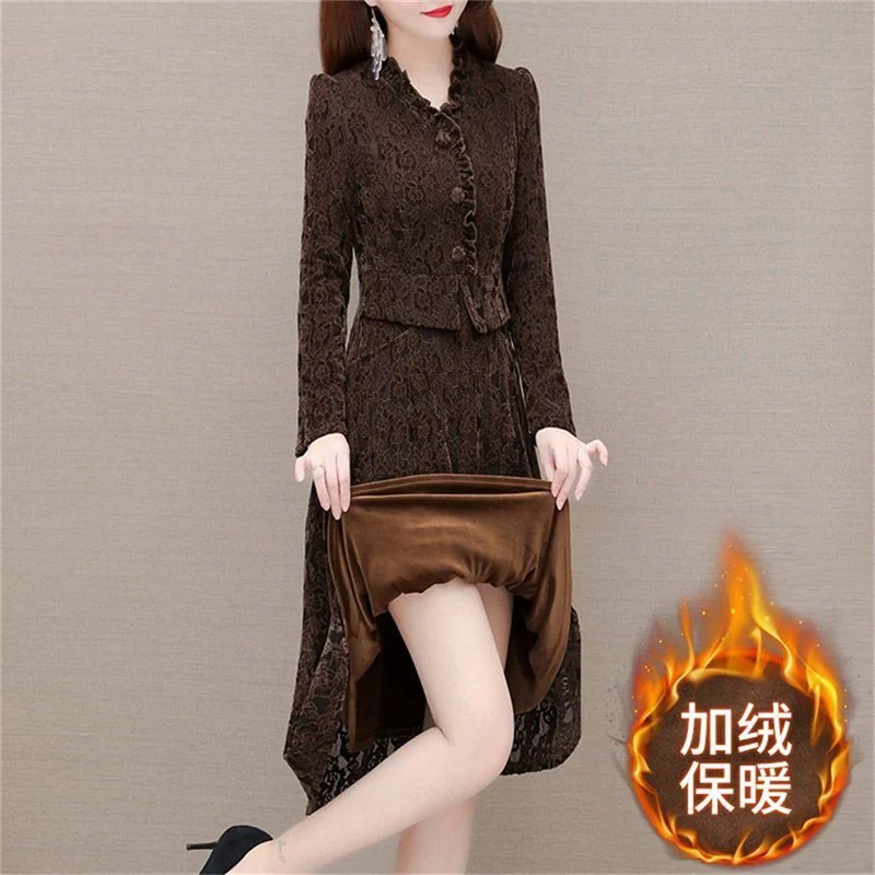 Thickened and Velvet Dress Female 2024 New Spring Autumn And Winter Women's Coat Middle aged Mother's Long sleeved Dresses Party