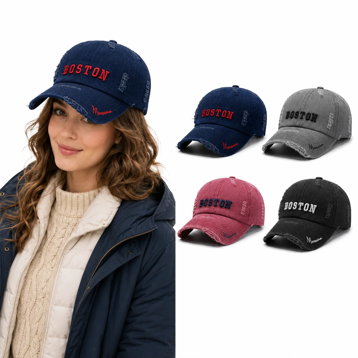 Vintage Washed Boston Embroidered Baseball Cap Distressed Edge Dad Hat Adjustable Streetwear Casual Outdoor Unisex Fashion Hat