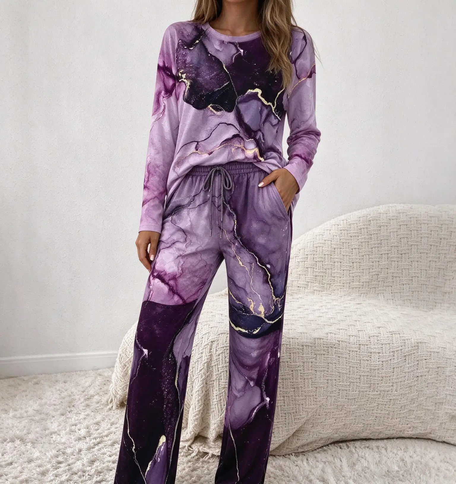 Women Imitation Cotton Pajama Set Purple Marble Ink Wash Print Round Neck Long Sleeve 2PCS Sleepwear Loungewear