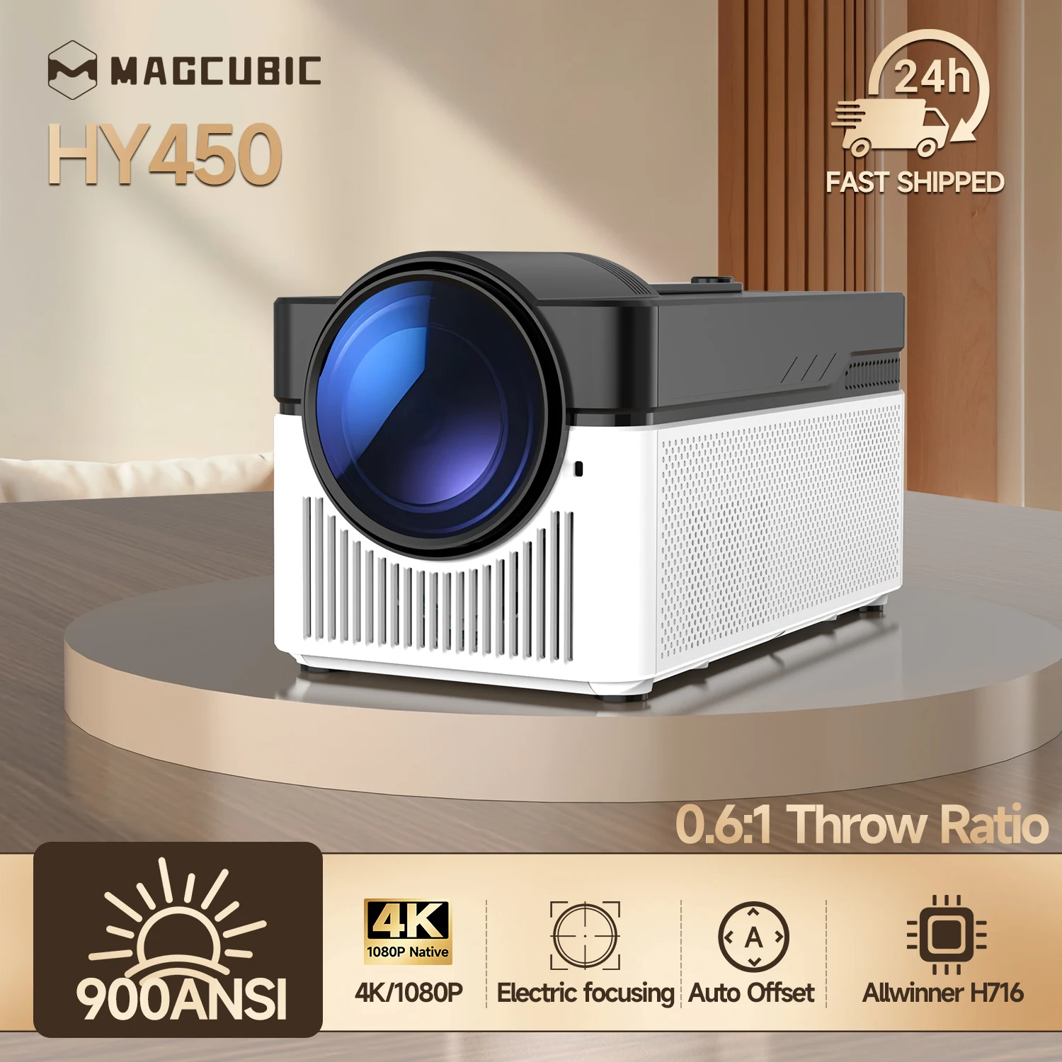 Magcubic Ultra Short Throw HY450 Projector With Auto Offset 1080P 8K Electronic Focus 900 ANSI WiFi6 BT5.4 Allwinner H716 Voice