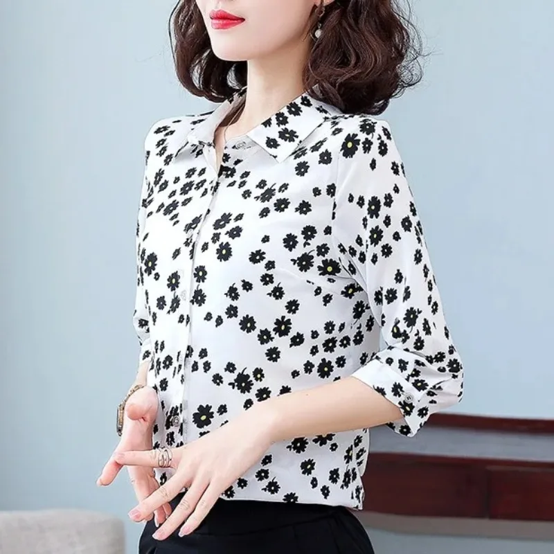 Spring Autumn Turn-down Collar Flower Daisy Printing Button Long Sleeve Shirt Casual Cardigan All-match Contrast Color Tops