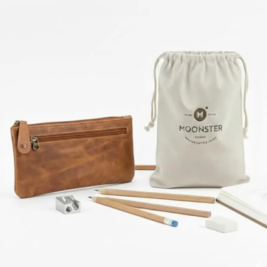 

Moonster Leather Pencil Case Pouch 8" x 4" - Leather Pen Case with Zipper