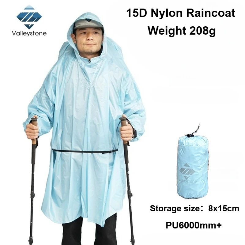 15D Nylon Wasserdichter Regenmantel 208g Ultraleichter Regenponcho mit PU 6000mm+ Schutzklasse Tragbare Regenjacke für Wandern und Camping