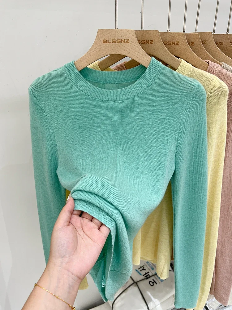 Lady Basic O-Neck Slim T-Shirt Women Solid Multi Color All-Match Trend Casual Top Screw Knit Long Sleeve Elastic Spring Office