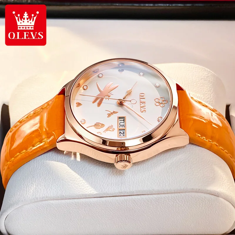 OLEVS 6611 Dual Calendar Mechanical Watch for Women Original Top Brand Leather Hand Clock Lady Waterproof Woman Automatic Watch