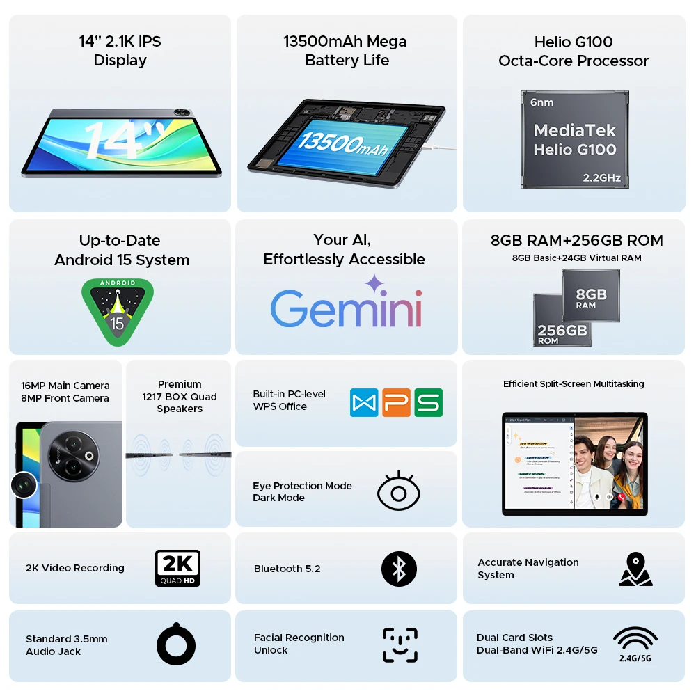 Versión Global DOOGEE Tab E3 Max Tablet PC Android 15 Gemini AI 14 ''2.1K pantalla 8GB RAM 256GB 13500mAh batería grande Smart Pad