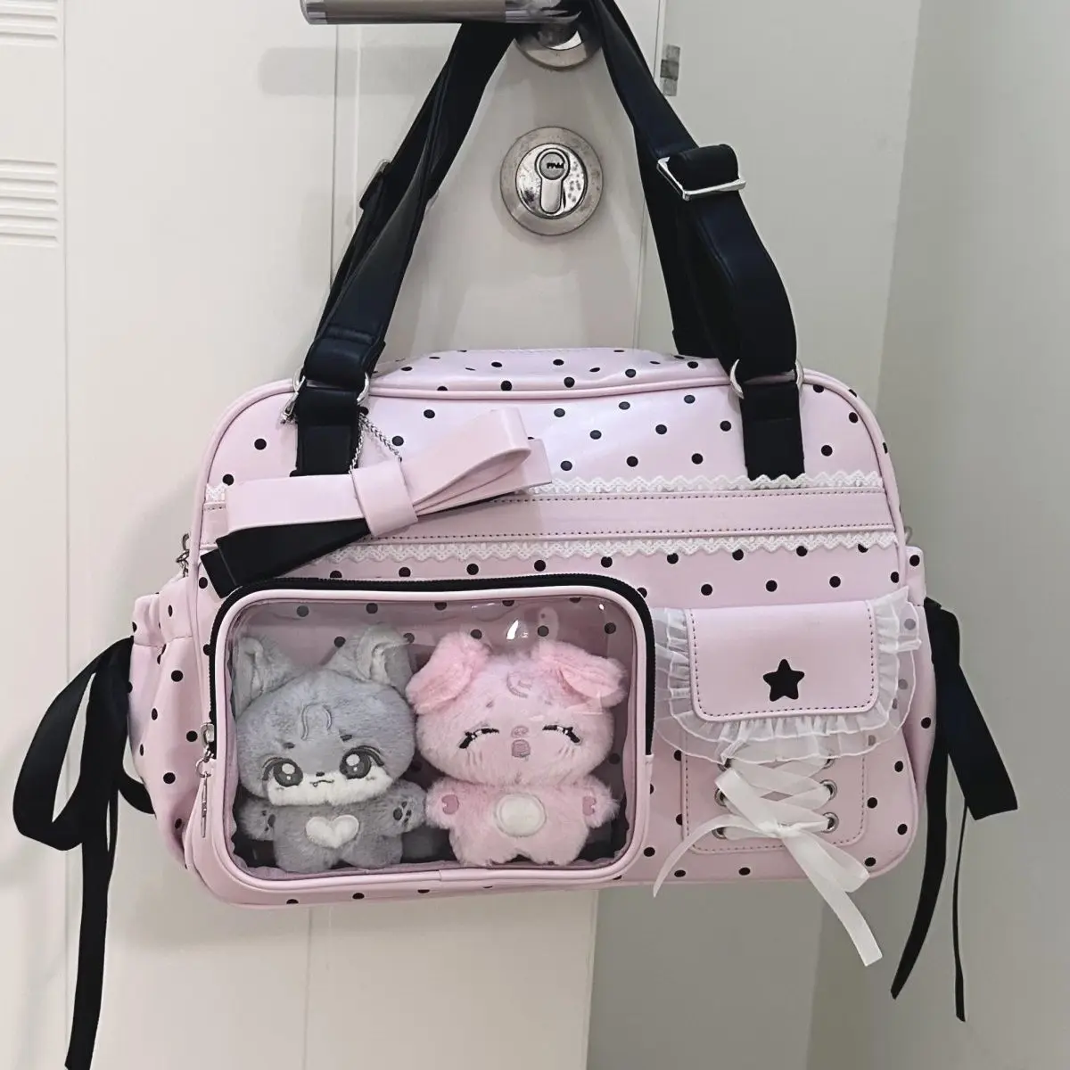 

Японская милая милая розовая сумка через плечо с бантом, женская кружевная сумка в горошек большой вместимости, аниме-кукла Ita, женская сумка через плечо в стиле Харадзюку