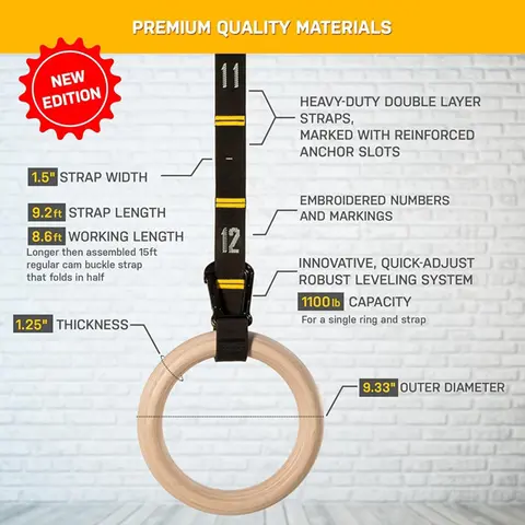28MM Gymnastikringar i Trä Halkfri Träring med Justerbara Remmar för Hemmaträning Pull Up Styrketräning 8 best sales gymringar - №7