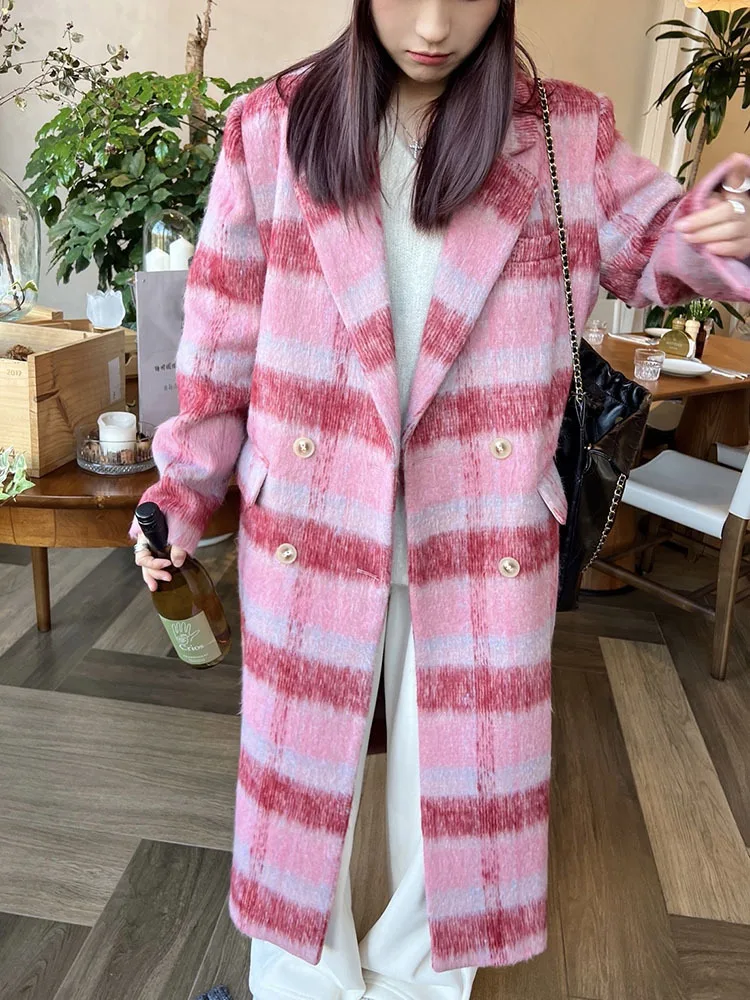 Loose Fit pink Color Casual Plaid Woolen Coat Parkas Lapel New Long Sleeve Women Fashion Tide Autumn Winter 2023