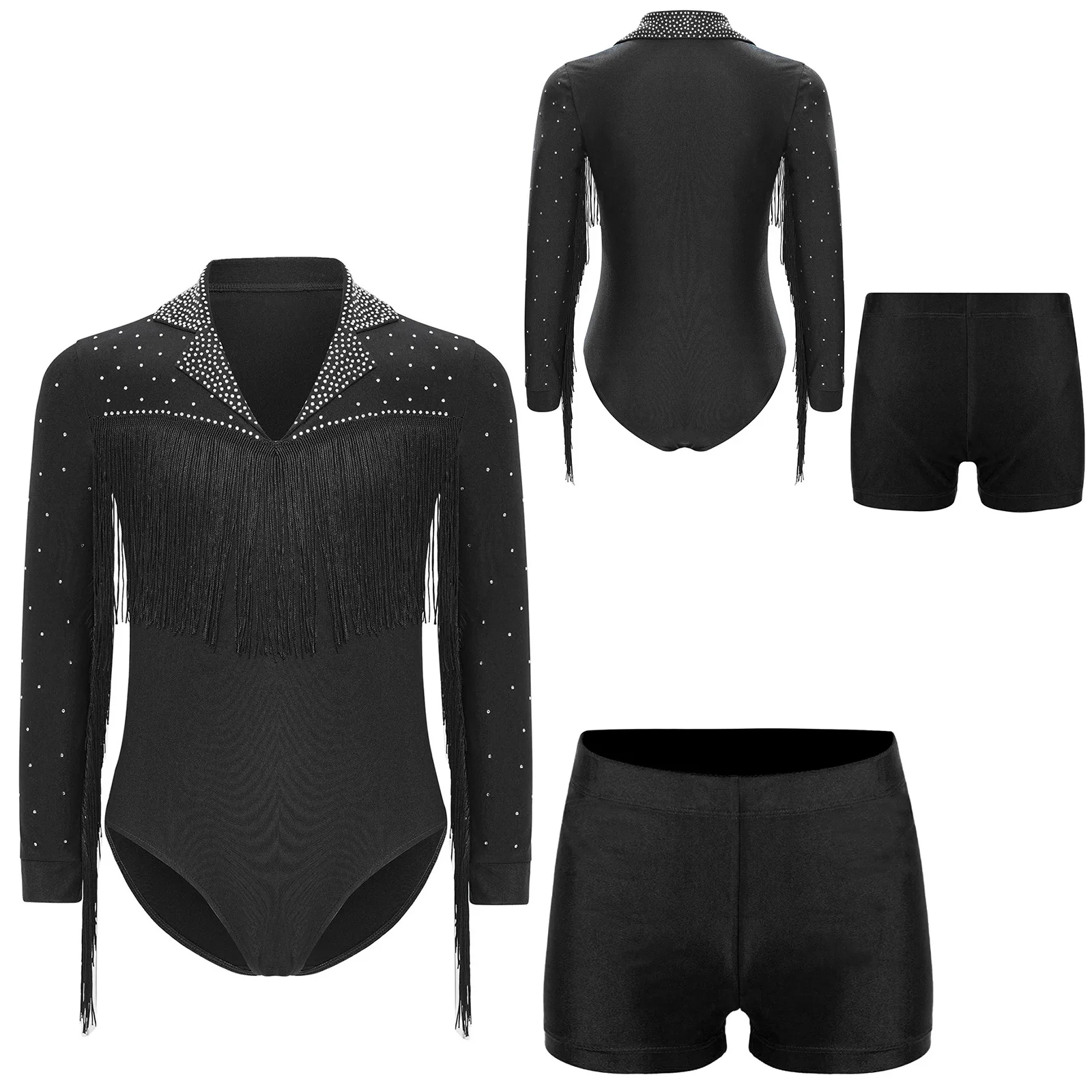 

‌Shiny Rhinestone Lapel Latin Ballroom Dance Top + Elastic Waist Shorts Set for Boys Stage Competition Party Wear Dance Practice