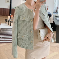 HELIAR Women Tweed Single Breasted Elegant Cardigan Coat Long Sleeve Plaid Pockets Office Jacket Warm Outerwear Autumn Winter