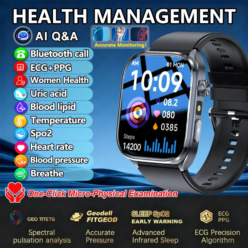 

New Smartwatch ECG+PPG Heart Rate Blood Pressure Blood Oxygen Uric Acid AI Q&A AMOLED Screen Bluetooth Call Men Women SmartWatch