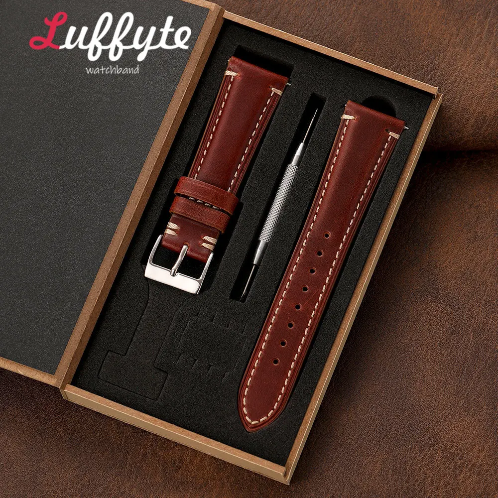 Retro Business Men Women Calfskin Pull-up Leather Watch Band 20 22mm Quick Release Spring Bar with Gift Packing Box Wristband