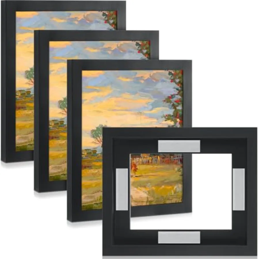 

4 шт. черных плавающих рамок для холстов 8x10 дюймов, деревянные, для вертикального и горизонтального настенного крепления, с клейкой основой
