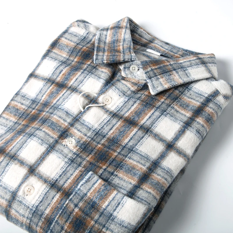 Men's Thickened Heavyweight Autumn Winter Woolen Plaid Shirt Loose Casual Outerwear Retro Style Long Sleeve Button up Coat