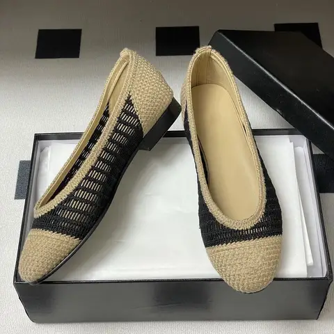 Women's Raffia Cap Toe Ballerina Flats Crochet Raffia Classic Two-tone Shoes