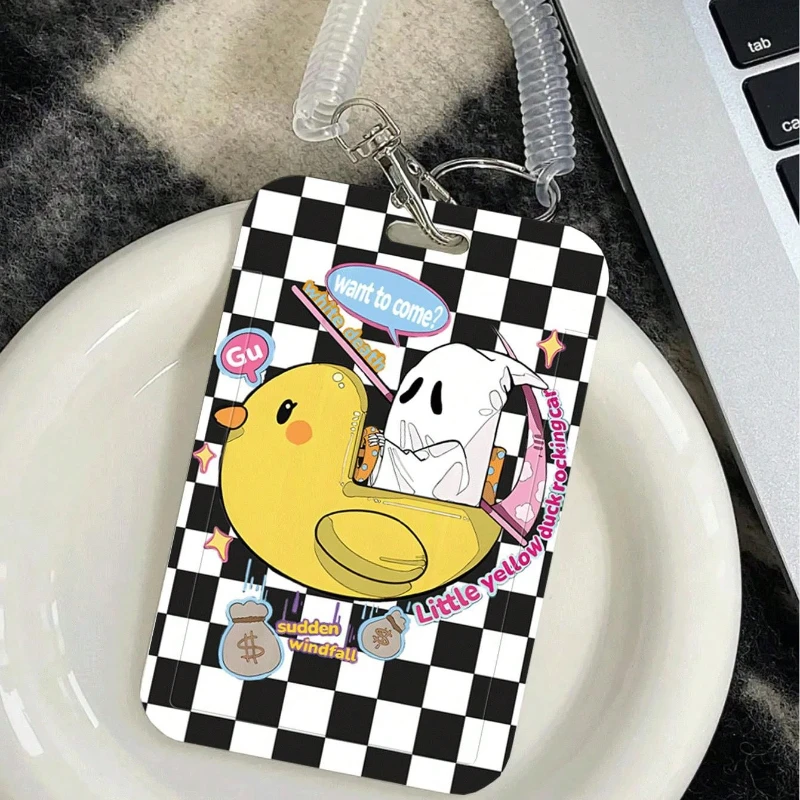 Tarjetero de pato amarillo para estudiantes, tarjeta de autobús, funda protectora para tarjeta de comida, soporte para sesión fotográfica Kpop, llavero colgante de primavera, resistente al desgaste