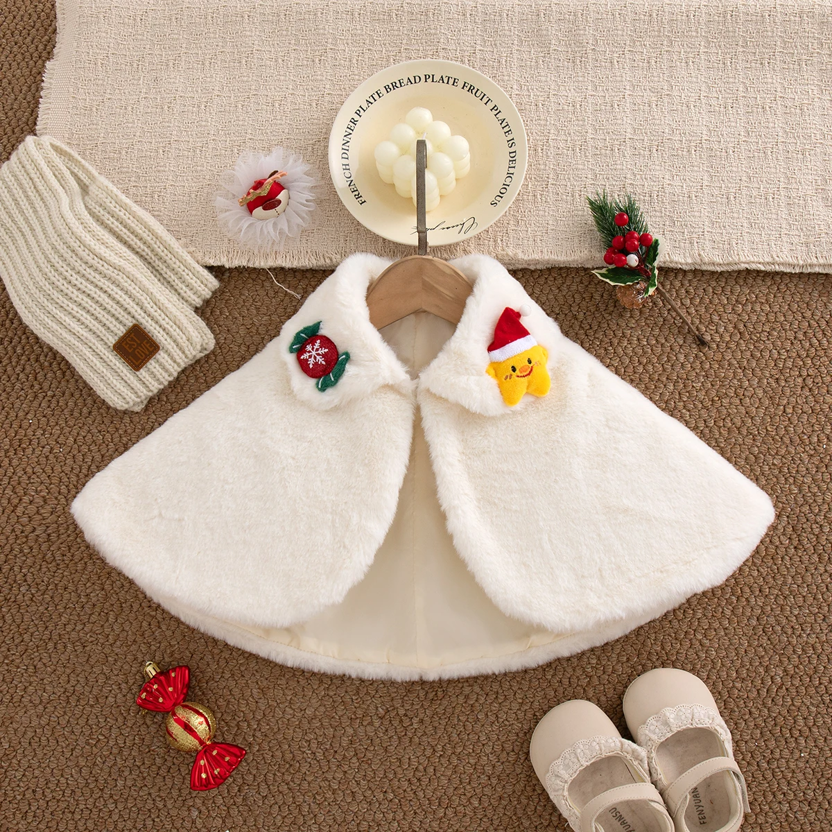 Winter White Plush Cloak for Baby Girl with Cartoon Doll Collar Warm Kids Christmas Clothes
