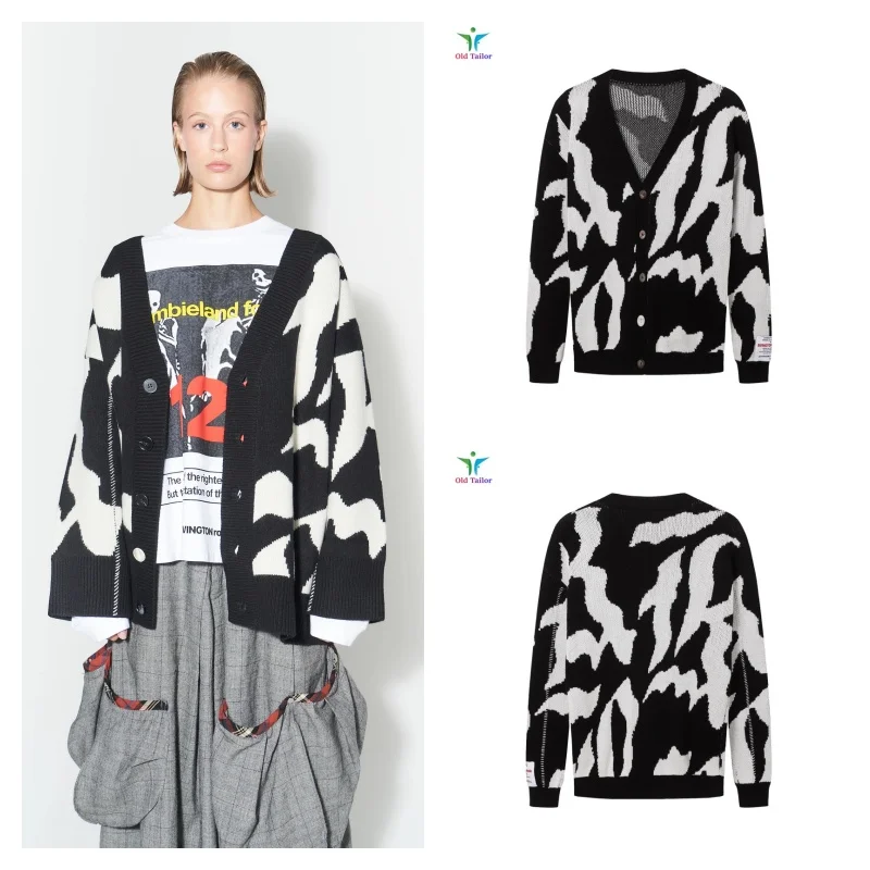 

RRR123 Cardigan Sweater V-neck Jacquard Colour Block Loose Fit Men's Women's Knitted Jacket Tops