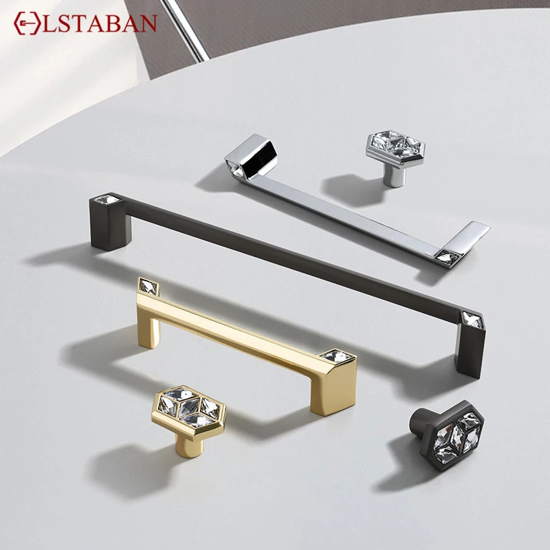 Luxury Crystal Handles Drawer Knobs Gold Black Chrome Kitchen Cabinet Handles Wardrobe Door Pulls Furniture Handle Hardware