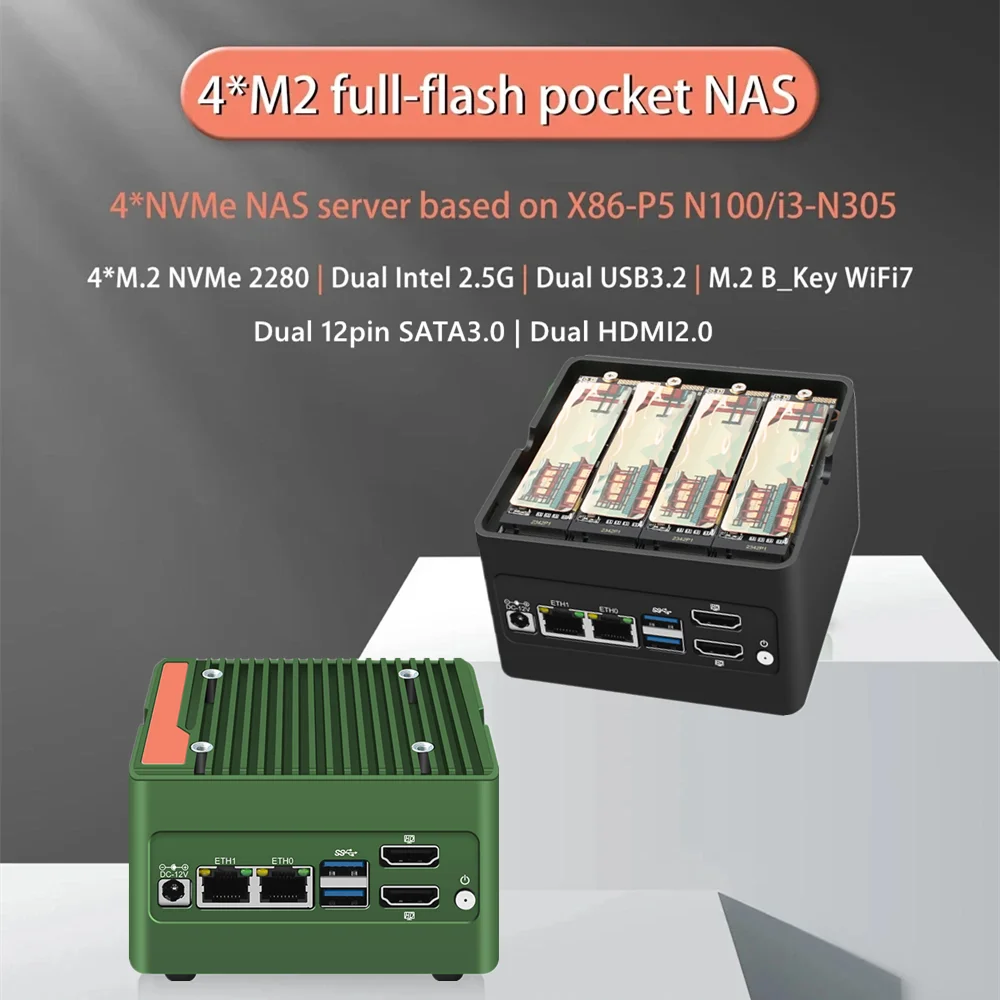 Topton 6-Bay Pocket NAS Server Intel i3 N305 N150 N100 Firewall Mini PC 4xM.2 NVMe 2xSATA3.0 DDR5 2x2.5G LAN 2xUSB3.2 2xHDMI2.0