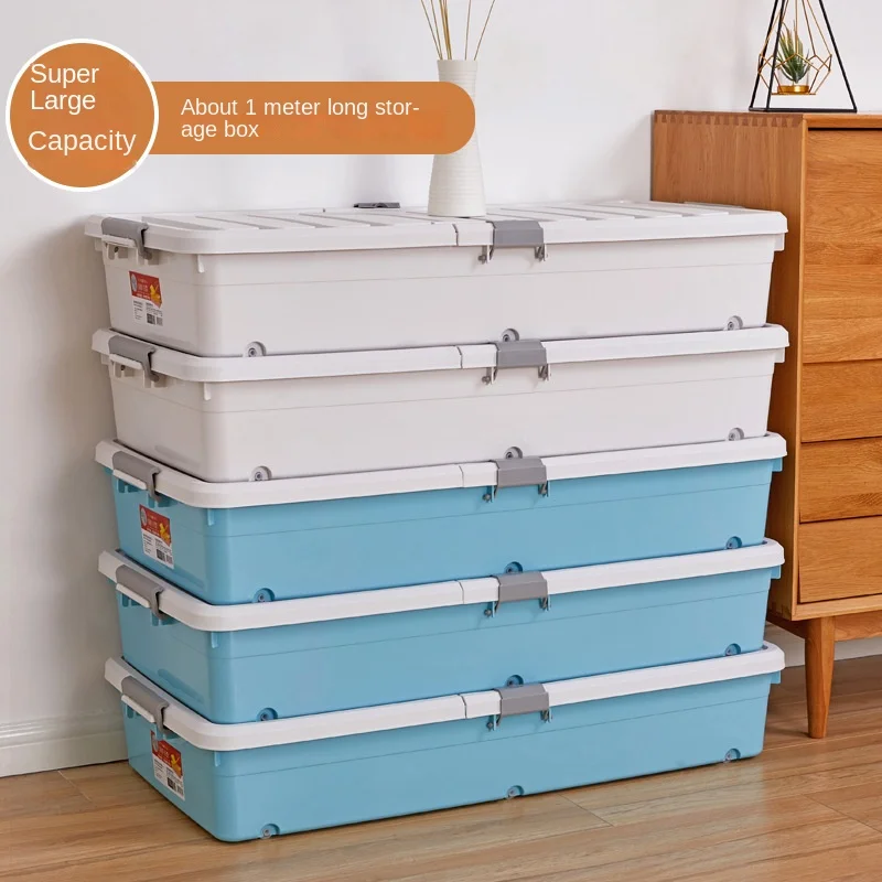 King Bed Bottom Storage Box with Rollers: Clothing Organizer Flat Pack Under Bed Makeup Organizer Space Saver.