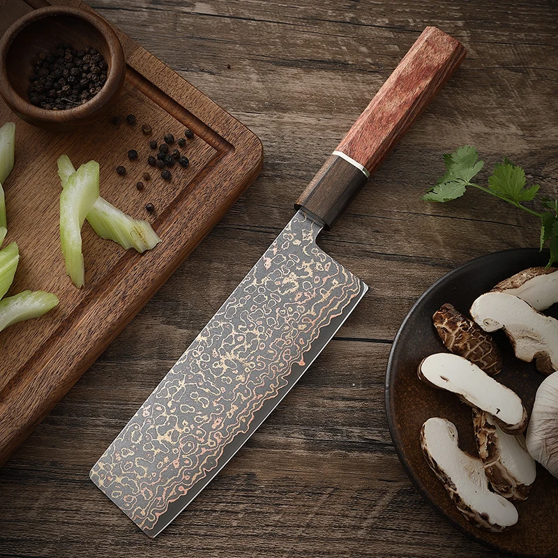 

TJ POP Luxury Three-colour Copper Damascus Steel 7Inch Nakiri Knife Japanese VG10 Kitchen Knife Sharp Slicing Cooking Chef Knife