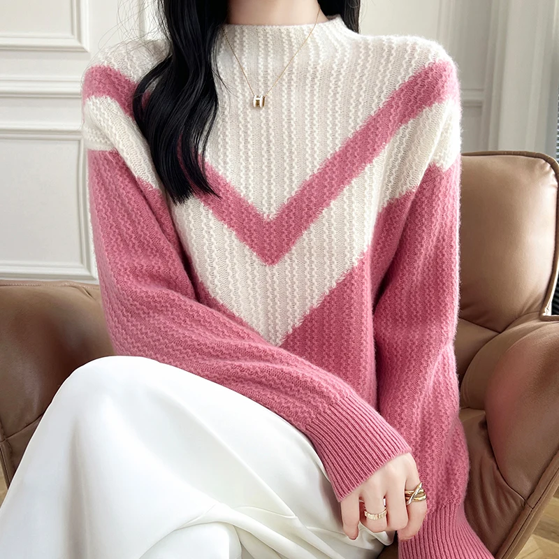 

Color-Blocking Half-Turtleneck 100% Merino Wool Sweater Thickened Pullover Cashmere Long Sleeves Soft Fashion Clothing Top